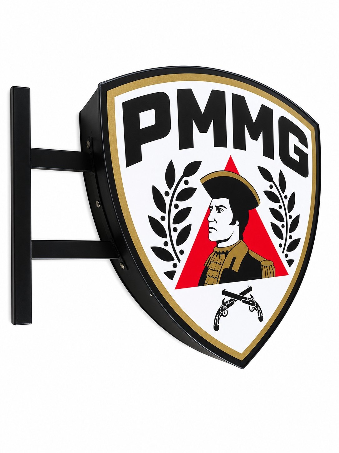 Placa PMMG com haste vertical para fixação em parede e acabamento em preto
