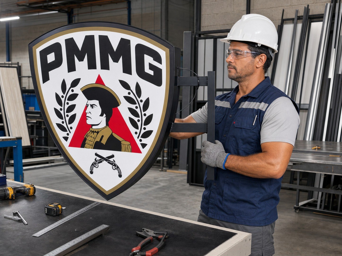 Placa PMMG em produção industrial com operador usando EPI e acabamento profissional